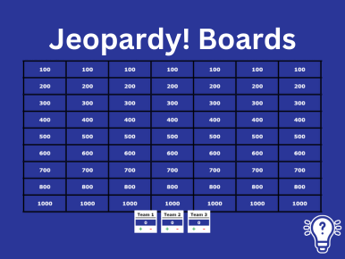 Jeopardy Board on a dark blue background with Three Team point boxes at the bottom,