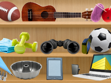 book shelf with random things on it including a football, soccer ball, ukulele, yarn, dumbells, binoculars, cake pan, kindle and laptop