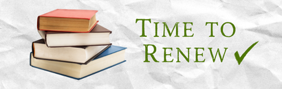 A stack of books, next to the words Time to Renew with a checkmark.