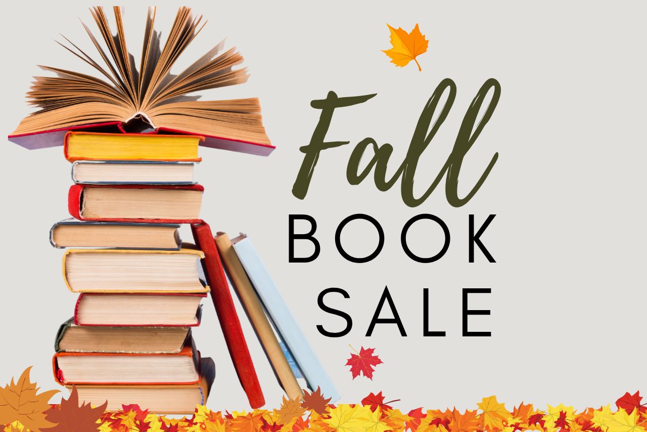 Fall Book Sale, stack of books, leaves falling.