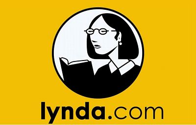 Lynda.com logo yellow background with black and white clipart of a woman reading a book in a circle in the center