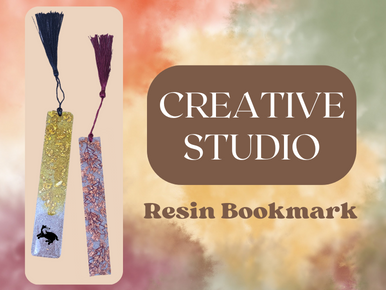 The words "Creative Studio Resin Bookmark" next to a yellow and black resin bookmark and a copper and burgundy one.