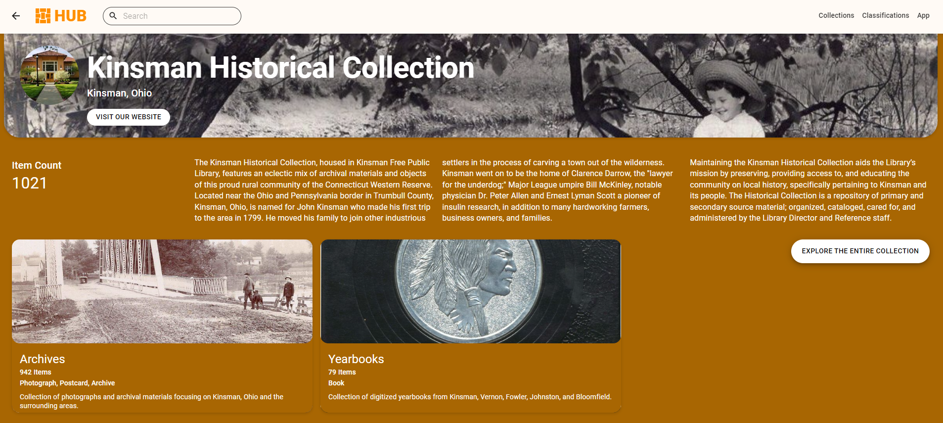 homepage of kinsman historical collection on catalog it database