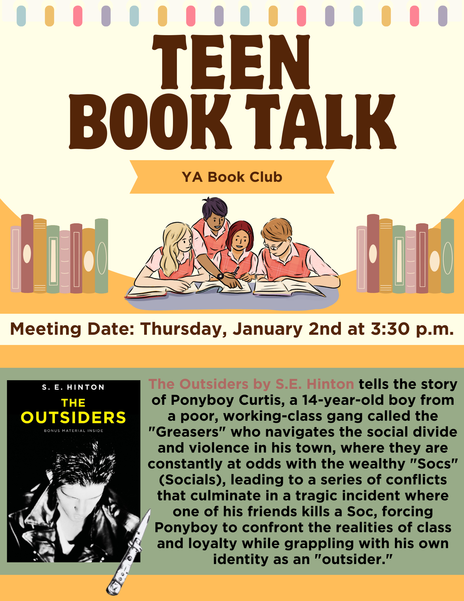 Teen Book Talk flyer. Information is listed above.