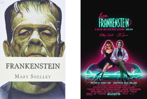 Covers of Frankenstein by Mary Shelley and the movie Lisa Frankenstein.