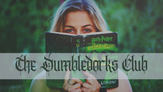 Photo of a woman reading a Harry Potter book with the text "The Dumbledorks Club"