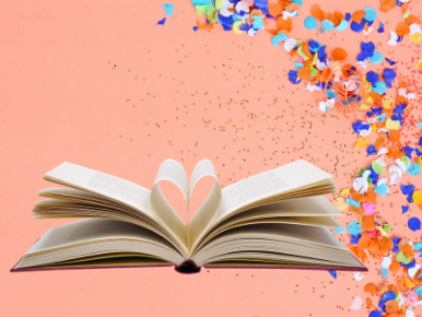 Pink background with colored confetti and a book open with the pages shaped into a heart