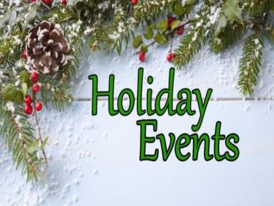 holiday events with a snowy background and border of greenery
