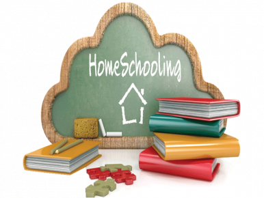 Homeschooling sign on chalkboard with books