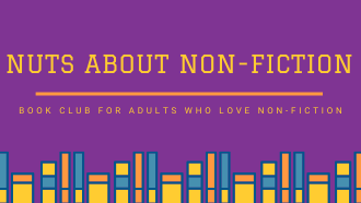 purple background, books on bottom, text "Nuts About Non-Fiction: Book Club for Adults who Love Non-Fiction"
