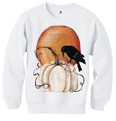 Picture of a sweatshirt with a painted orange moon behind a black crow standing on a white pumpkin