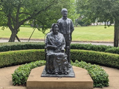 Bronze statue of Rebecca Perkins Kinsman and son John Kinsman