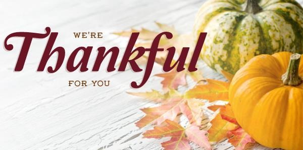 We're Thankful for You with a picture of a pumpkin